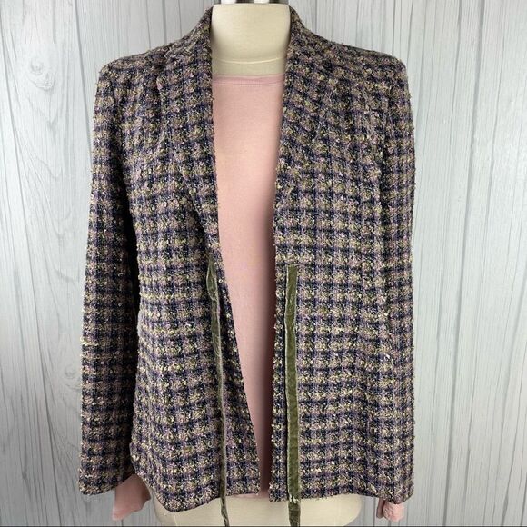 STEENA Vintage Tweed Blazer w/ Velvet Front Tie & FREE Shirt, Medium - Picture 3 of 14